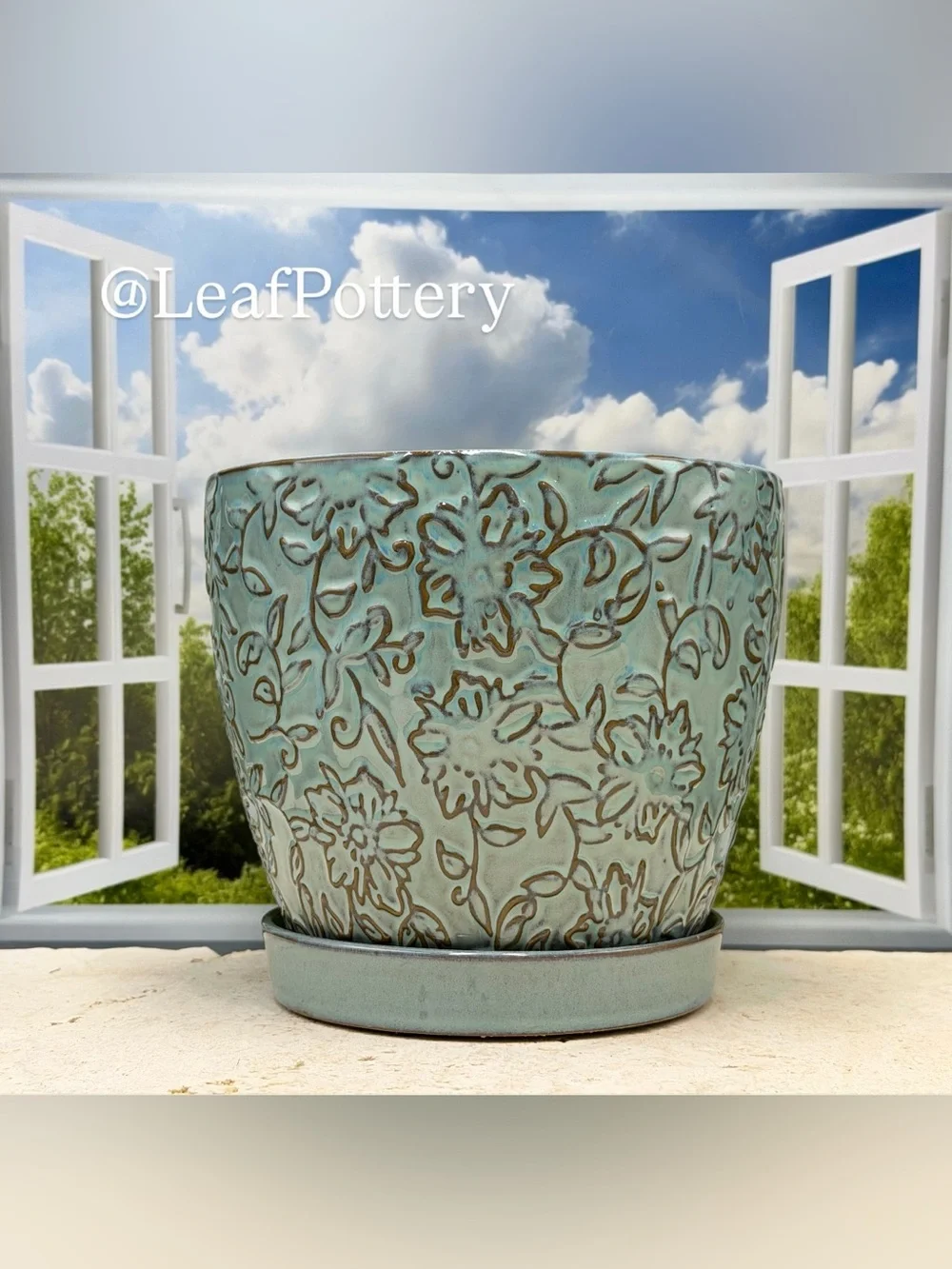 Embossed Floral Ceramic Planter with Saucer & Drainage | 6 Inch Light Blue
